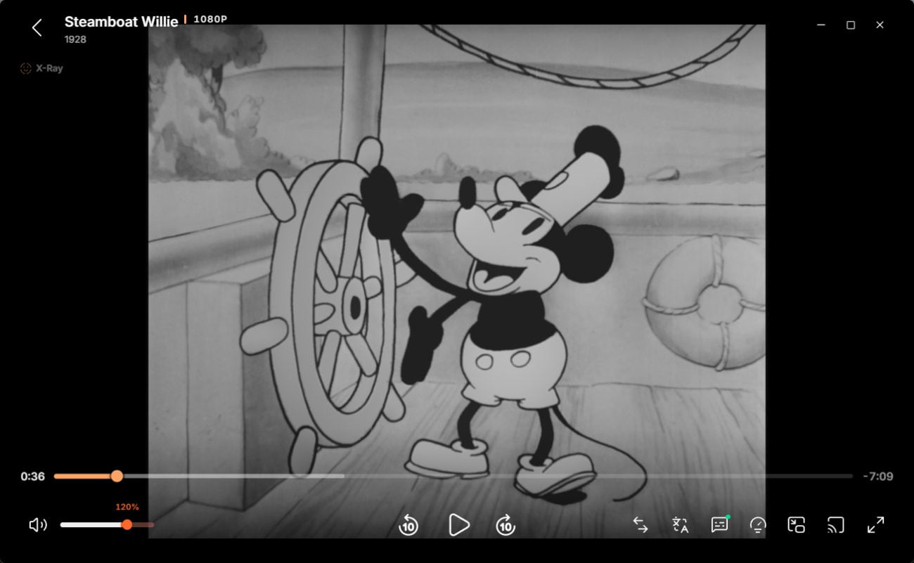 Harbor playing Steamboat Willie in its native player, with the seek bar and playback controls visible