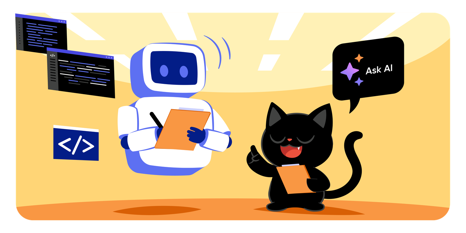 A robot and Harbor's cat working together, each holding a clipboard.