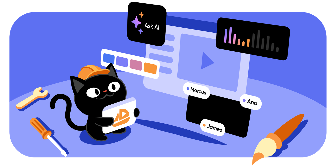 Harbor's cat holding the player, surrounded by tools and contributions from other people.