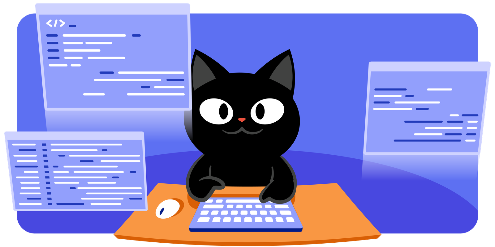 Harbor's cat at a keyboard, reading the code on several screens.