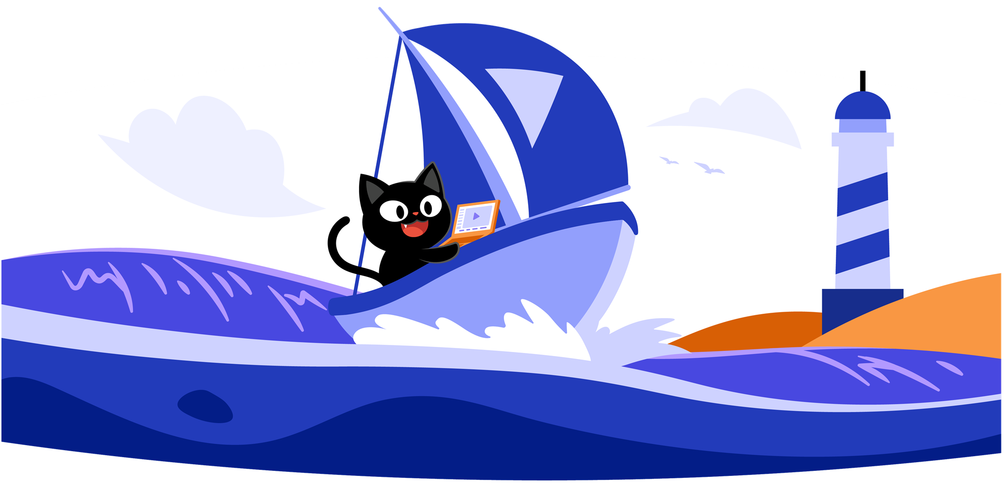 A cat sailing past a lighthouse, watching Harbor on a laptop