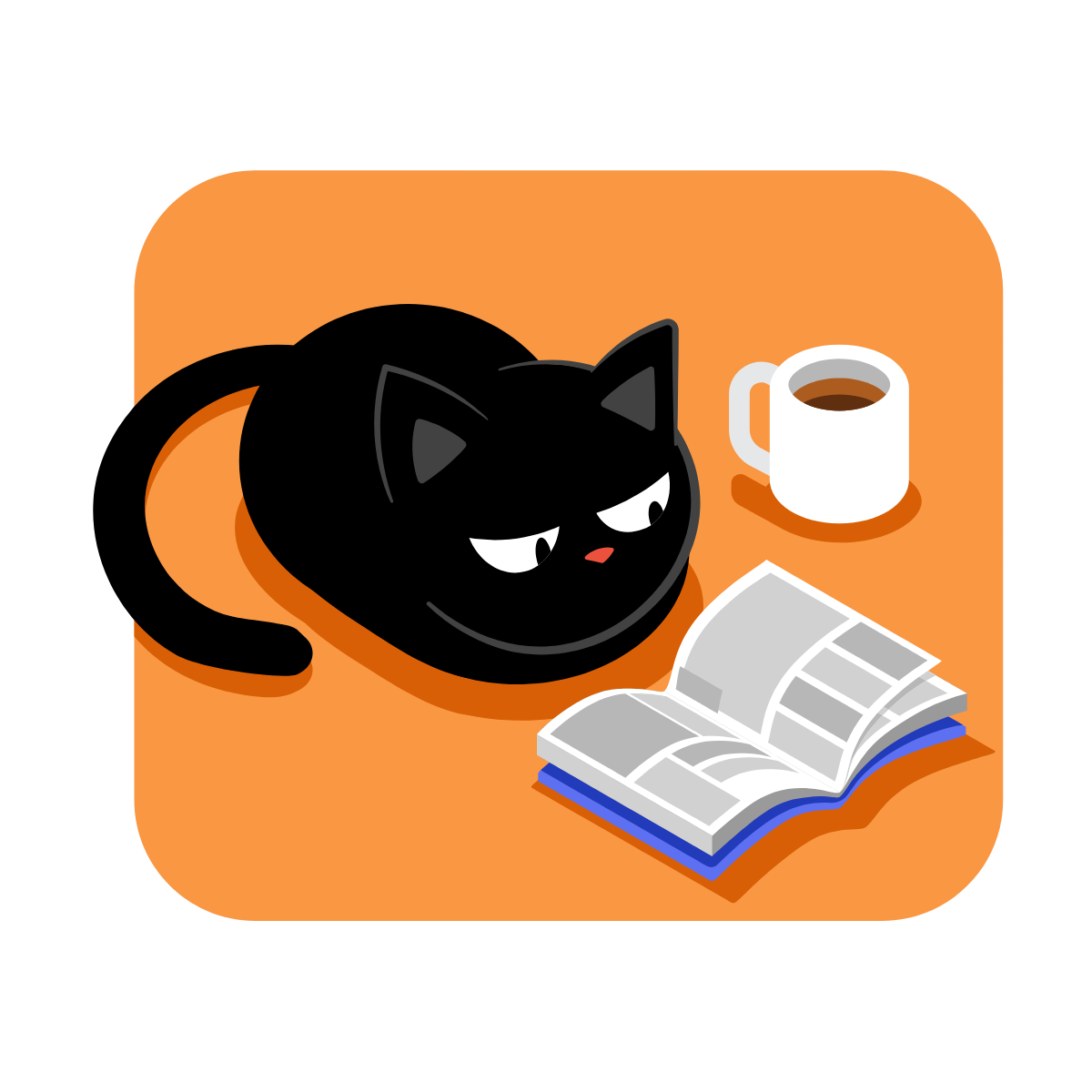 A black cat curled up beside an open manga volume and a mug of coffee